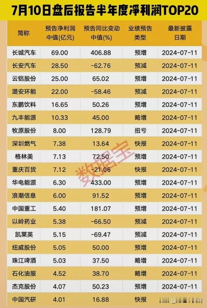 预增利好，中报预告净利润排名前20名单出炉，这些公司净利润超1亿，且同比预增超1