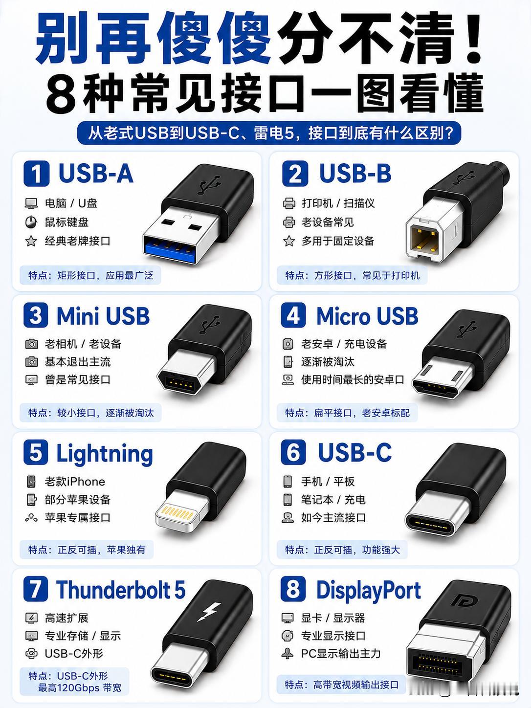 一图看懂！8种常见接口到底有什么区别？

别说你用了这么多年USB，连USB-A