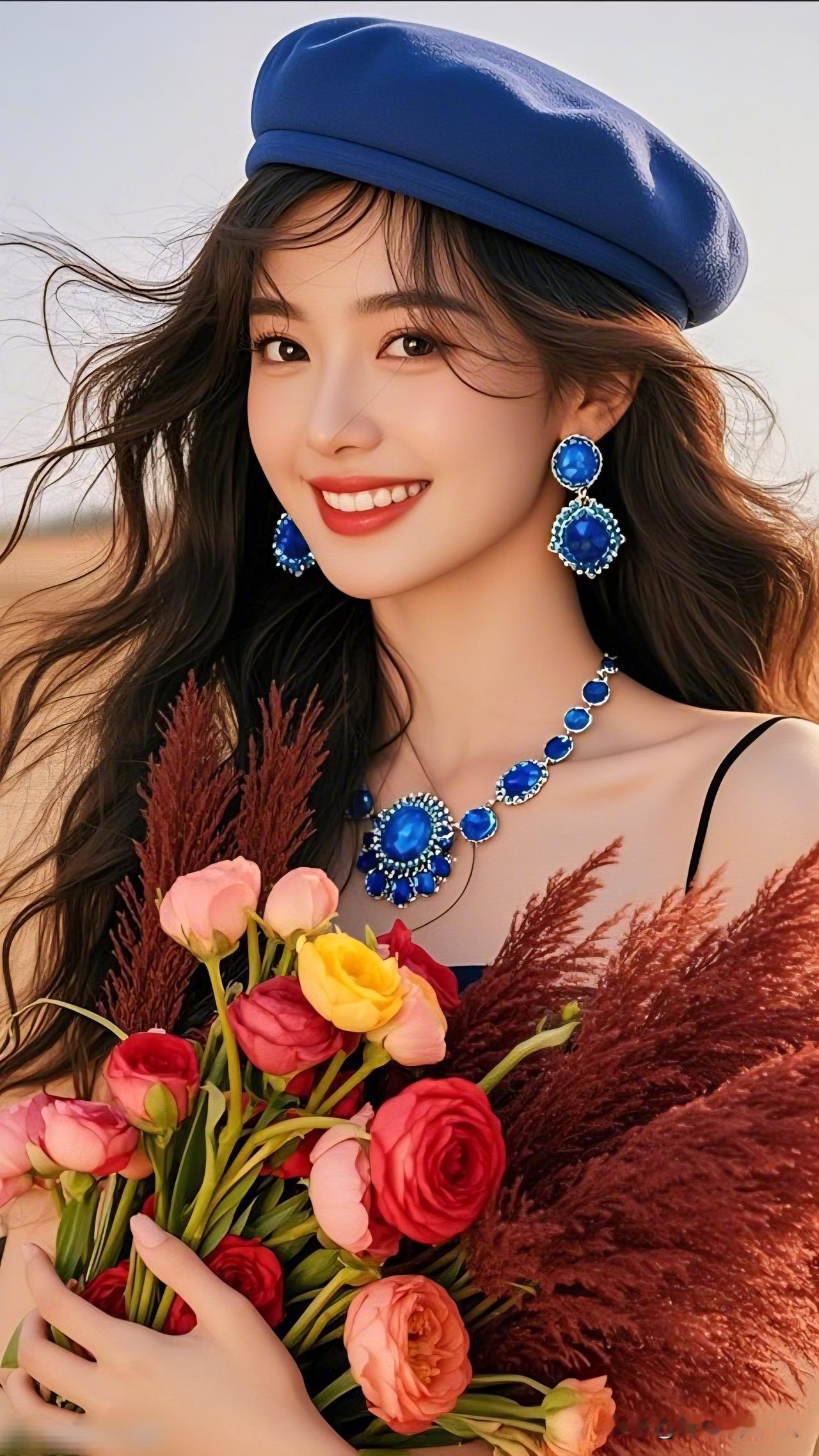 蓝帽映花影，笑语盈盈间。分享治愈系图片 蓝色贝雷帽少女，手捧鲜花，微笑动人