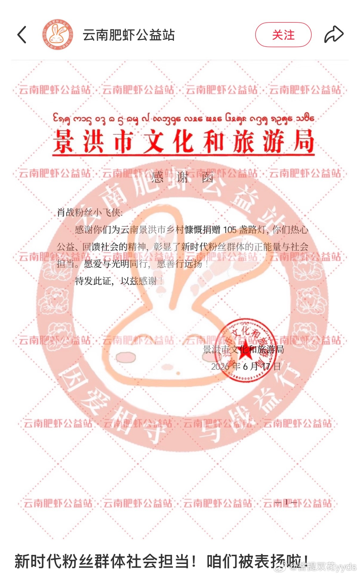 肖战公益一路有你 肖战粉丝小飞侠为云南景洪市乡村慷慨捐赠105 盏路灯，被官方表