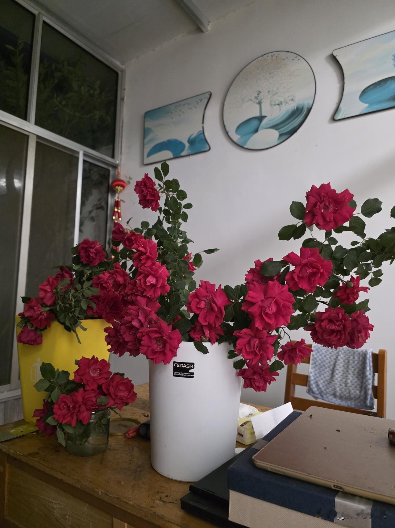 今天老母亲开心了，发了好几条视频……

中午从婶子家剪回来一些月季，二嫂和老娘插