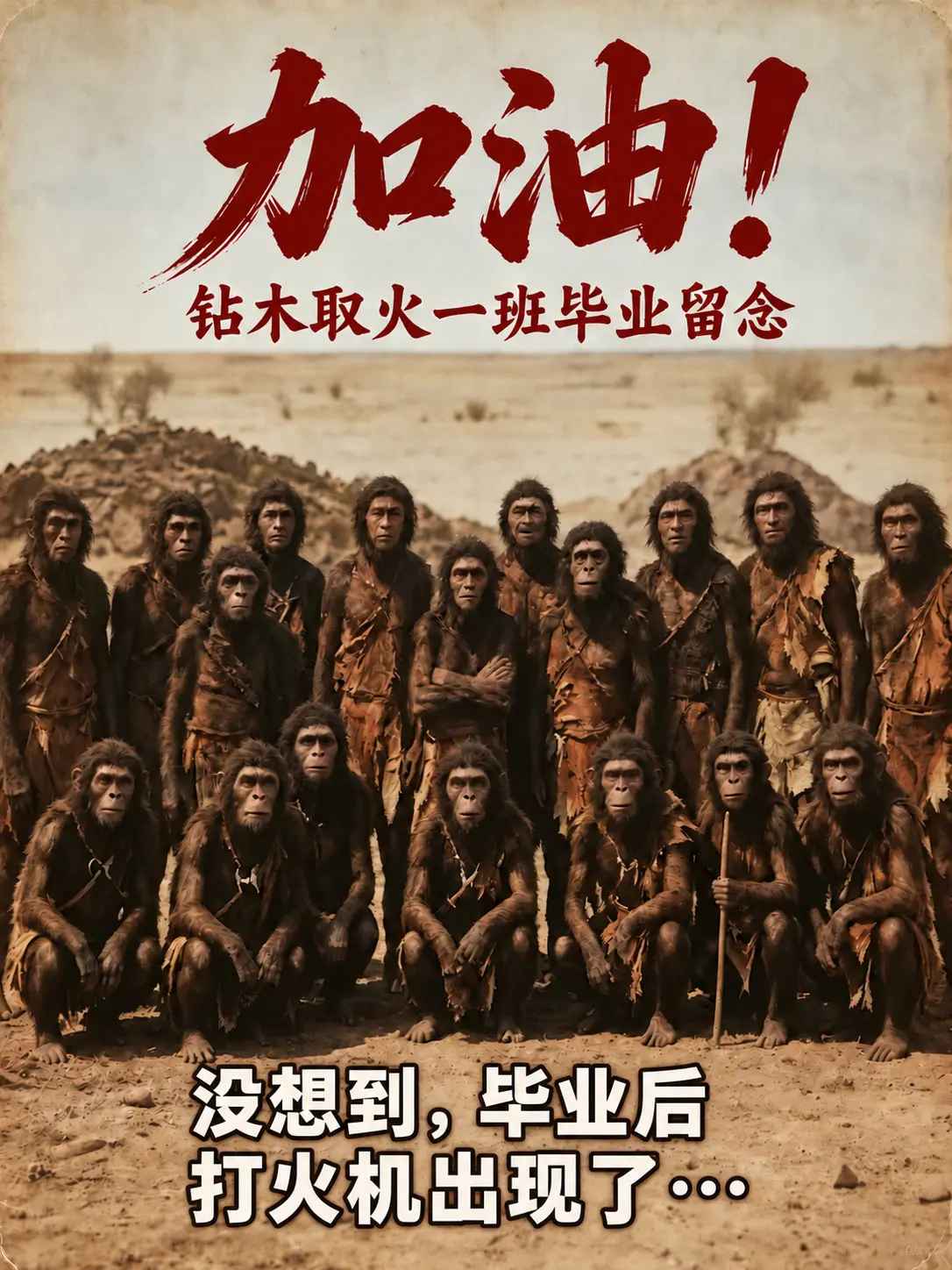 刚学会钻木取火，打火机就来了？一张毕业照的玩笑，戳中了多少人追赶时代的心情。