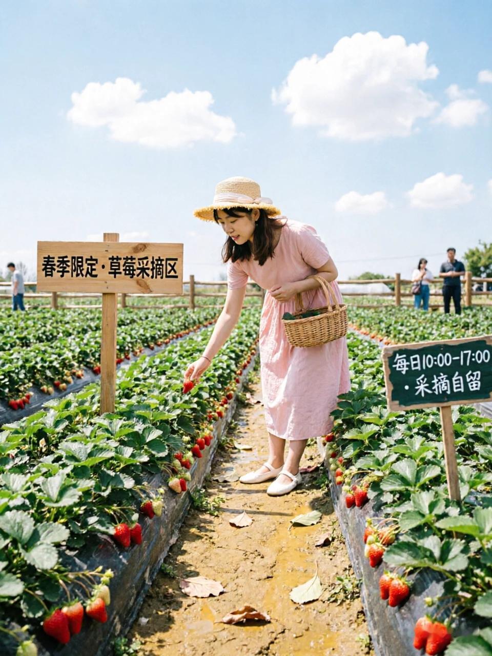 春日的草莓园，像打翻了调色盘，红绿相间。我提着篮子，弯腰在叶丛间寻觅，一颗颗饱满