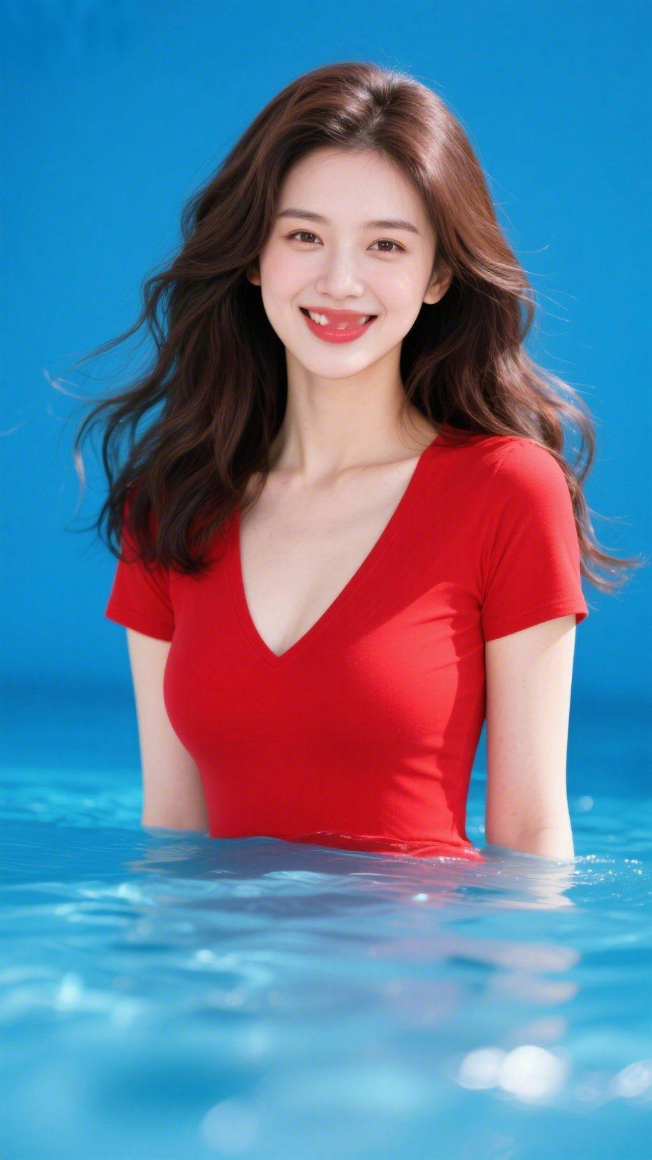 红焰漾清波
 
澄澈的蓝漫过周身，似揉碎了整片晴空，一袭红衫如跃入碧波的焰，撞出