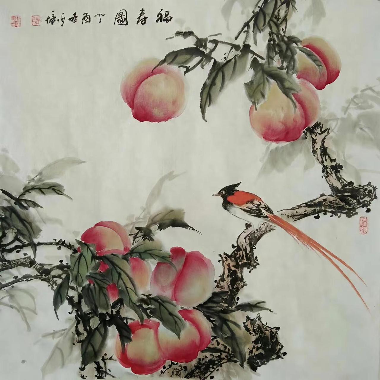 福寿图。花鸟画创作者中心 创作灵感 写意花鸟 国画寿桃