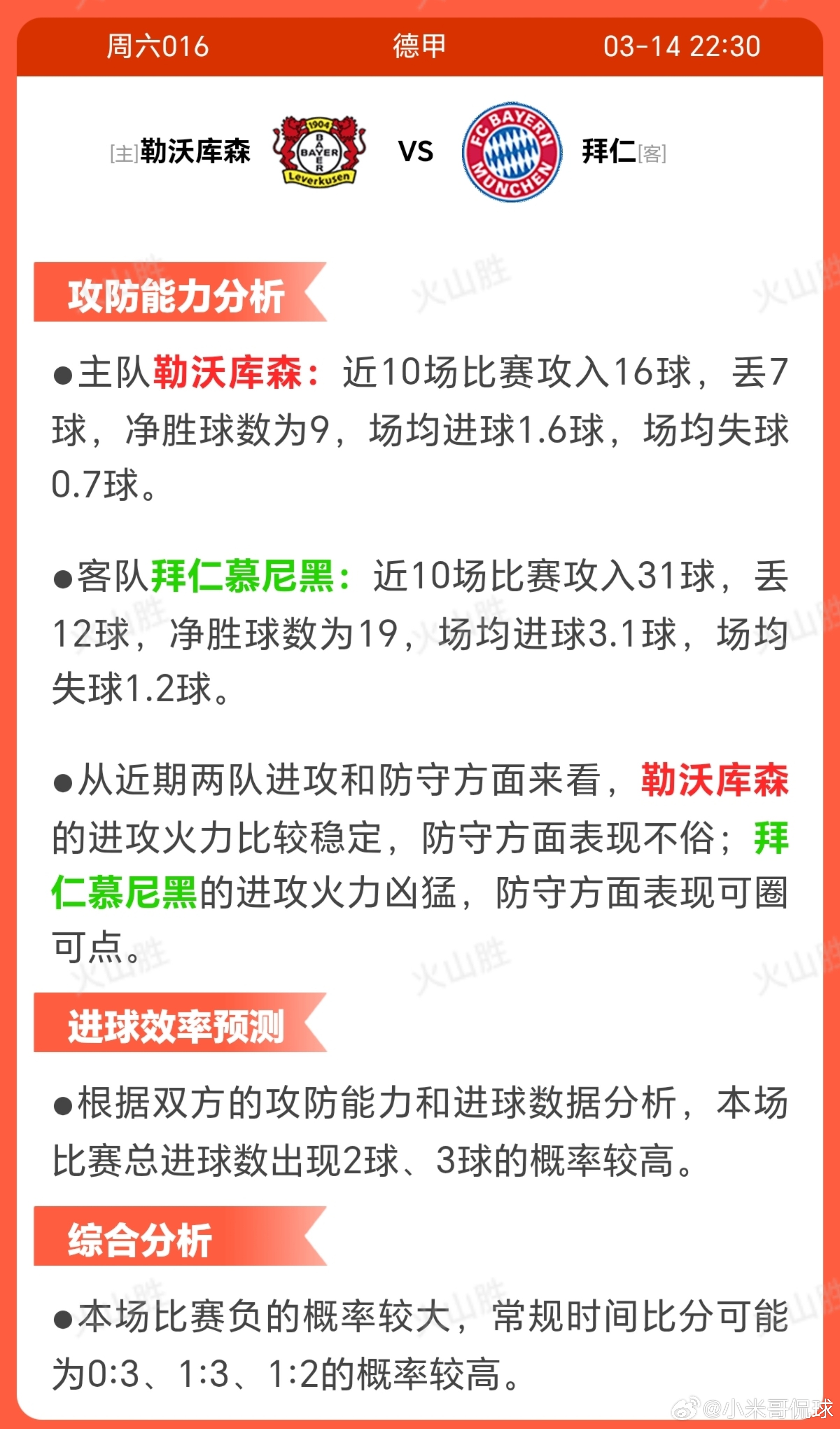 勒沃库森VS拜仁勒沃库森近期状态起伏，近10场4胜5平1负，平局较多，相比拜仁的