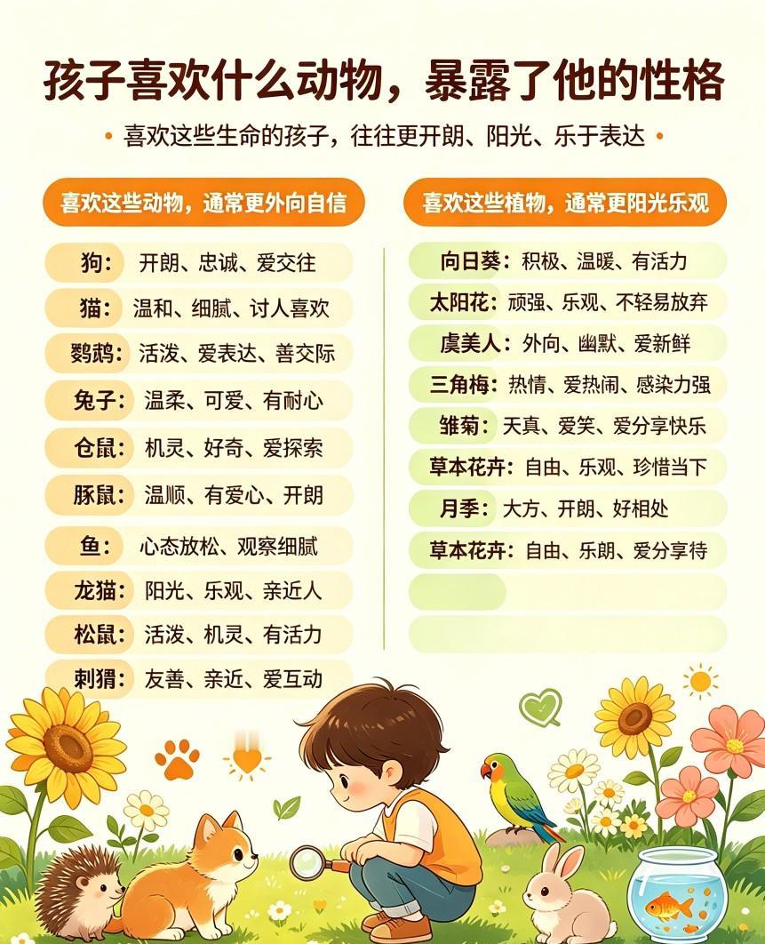孩子偏爱的动物身上的特质，往往就是他天性里藏着的闪光点，顺着天性引导，比硬逼着他