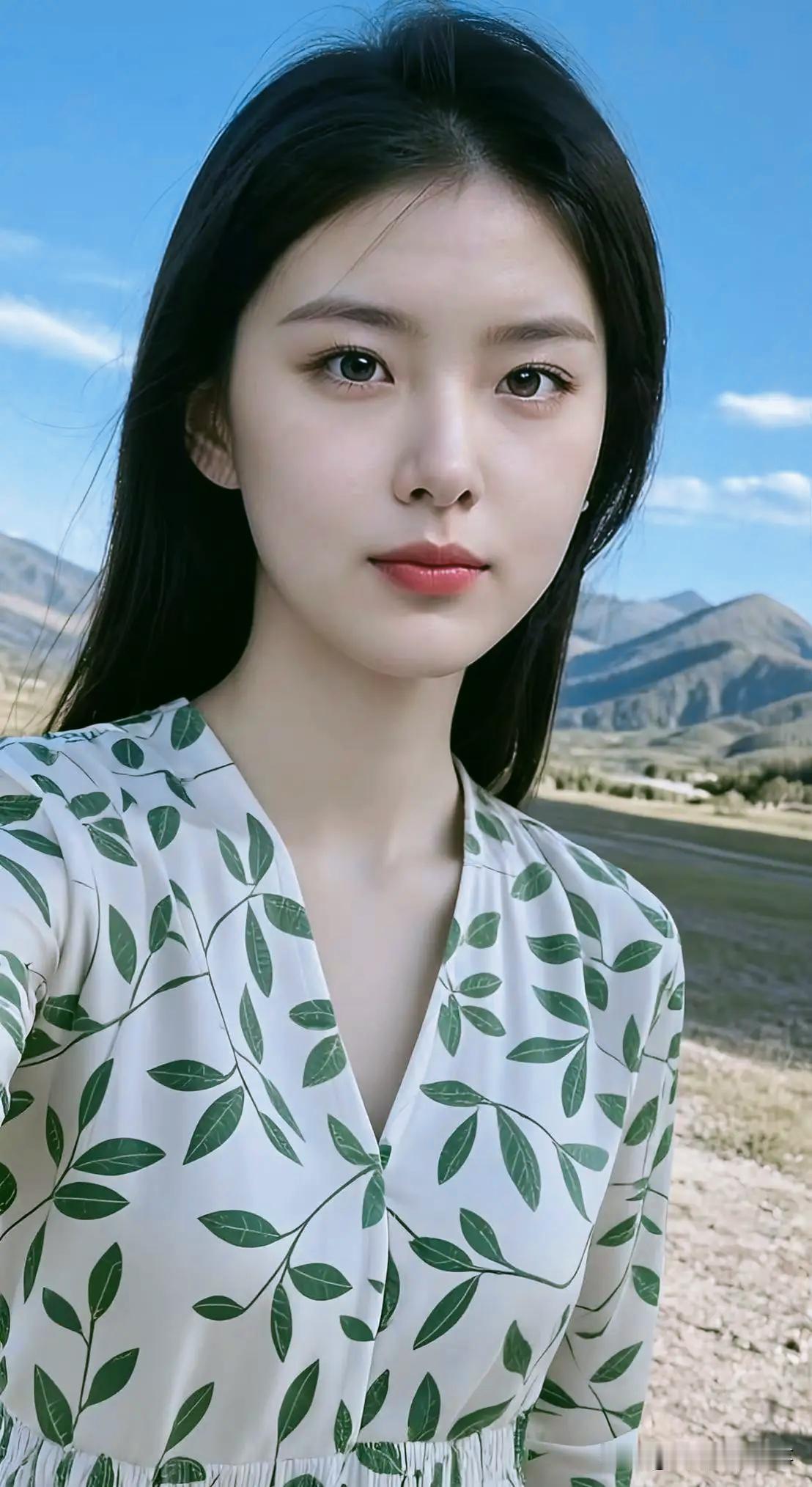 穿V领绿色树叶裙子的张京