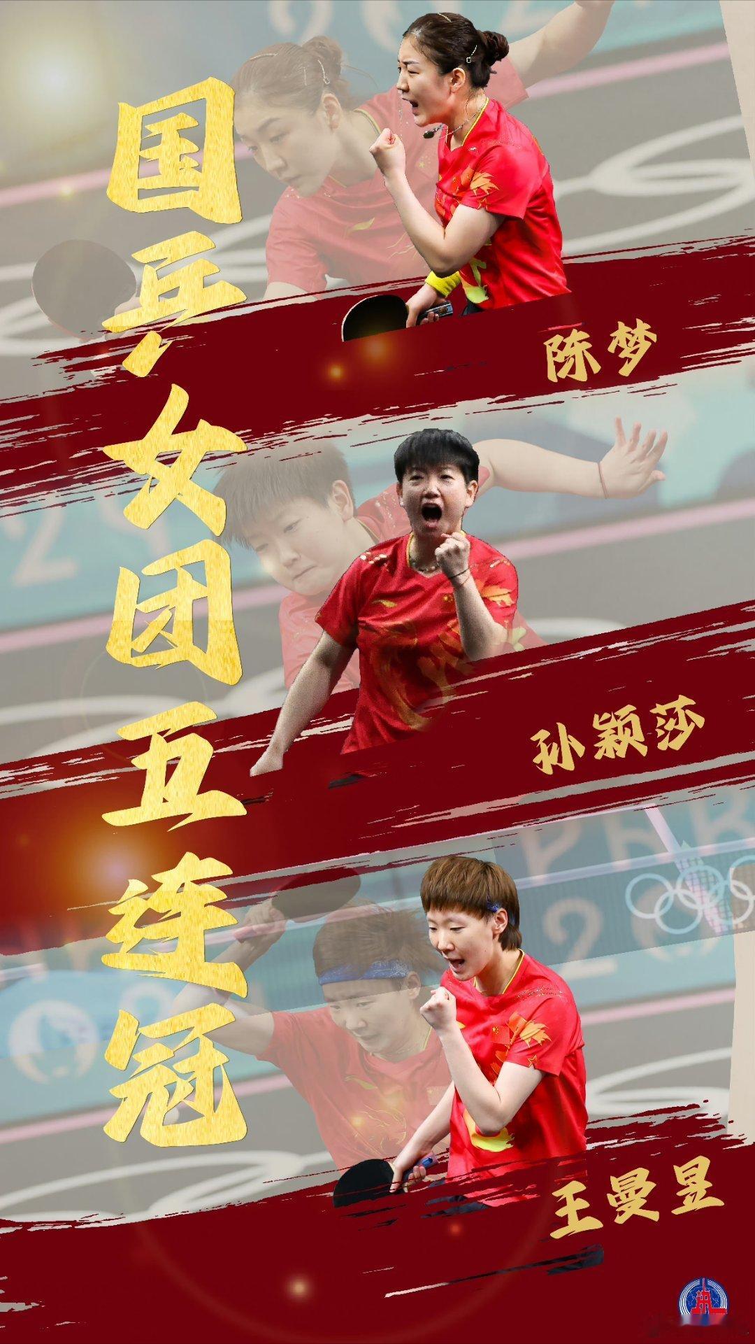 恭喜国乒女团夺金！！陈梦、孙颖莎、王曼昱都是好样的！！#国乒女团奥运5连冠##乒