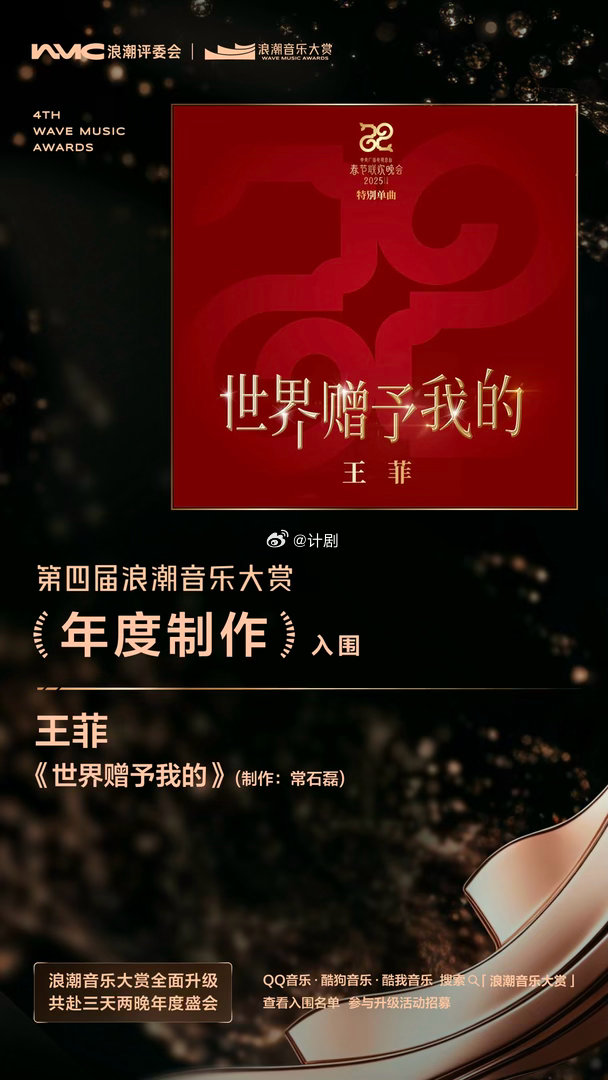 王菲窦靖童双提名王菲一口气拿下两项核心大奖提名，窦靖童凭合作单曲突围最佳流行歌曲