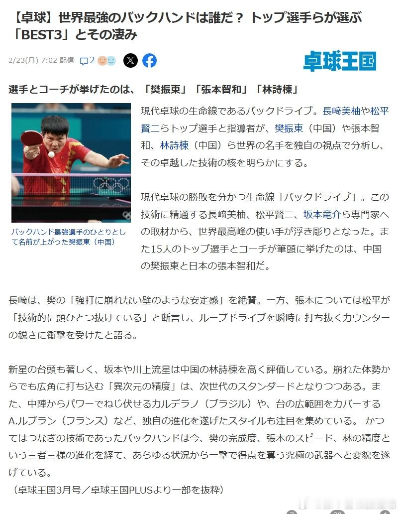 张本智和其它 桌球王国：谁拥有世界最强反手？张本智和名列其中。【日媒节选】“《谁