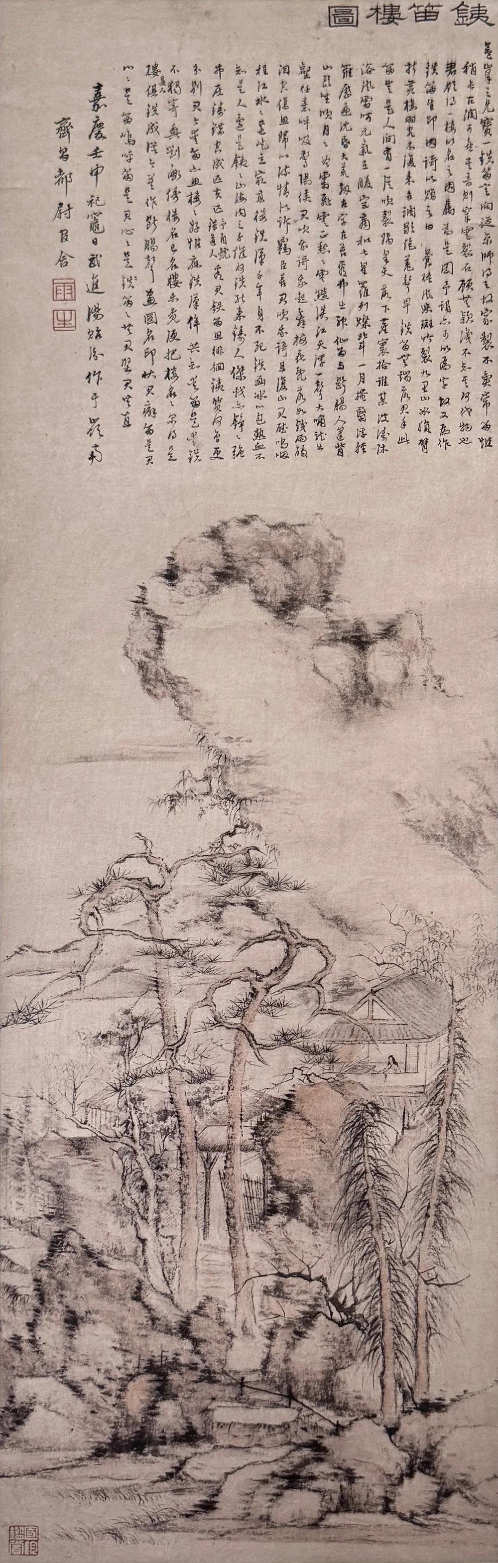 名画欣赏：
清 汤贻汾《铁笛楼图》
纵92厘米 横29厘米 
江苏、常州博物馆藏