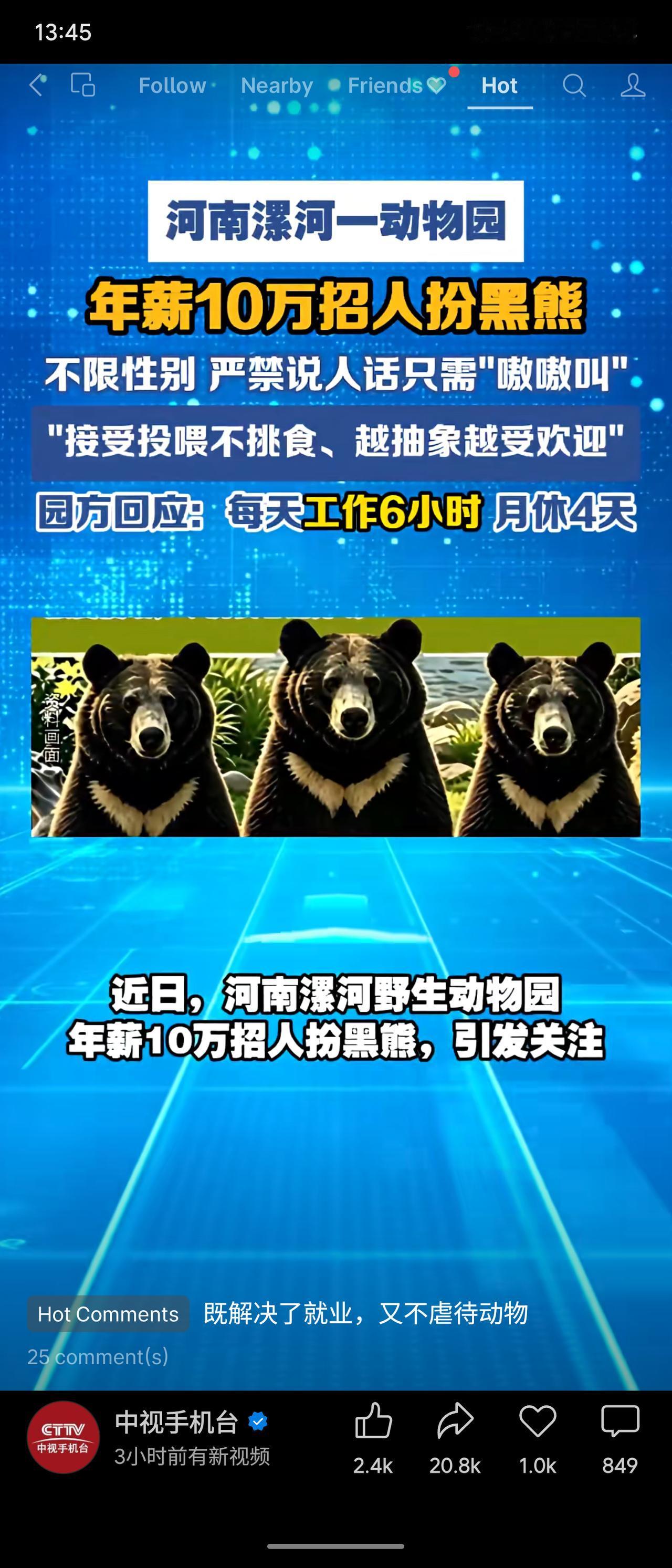 河南漯河动物园年薪10万招人扮黑熊，日干6小时月休4天，只需嗷嗷叫、接受投喂，越
