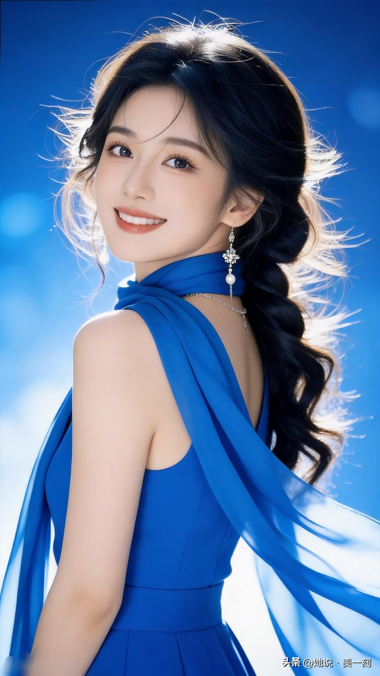 惊艳的蓝色礼服，甜美笑容，优雅动人！寻找镜头的美