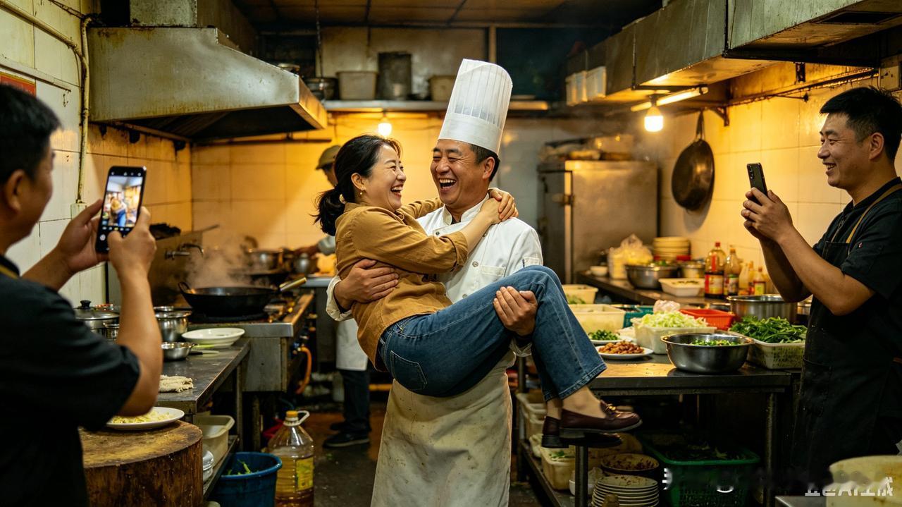 邯郸一家小饭庄的后厨里，刚忙完午市的厨师突然闲着无聊，一把把老板娘抱起来转圈，两