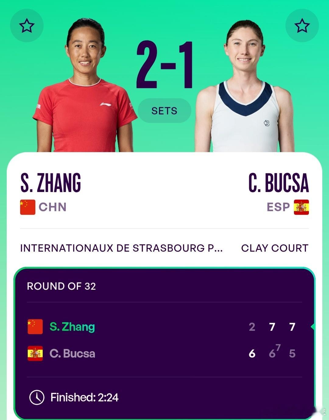WTA500斯特拉斯堡站🇫🇷女单第1轮幸运落败者参赛的老将张帅🇨🇳2-6