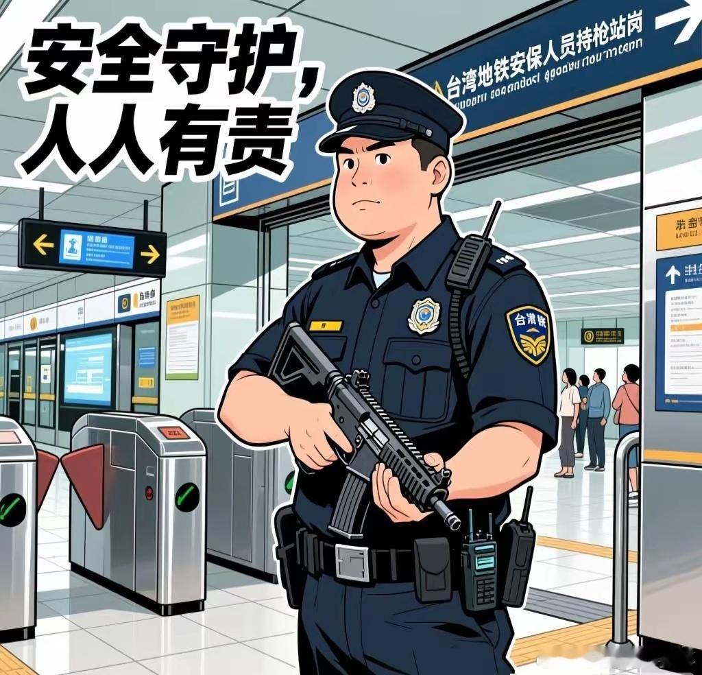 台湾地铁安保人员持枪站岗。 