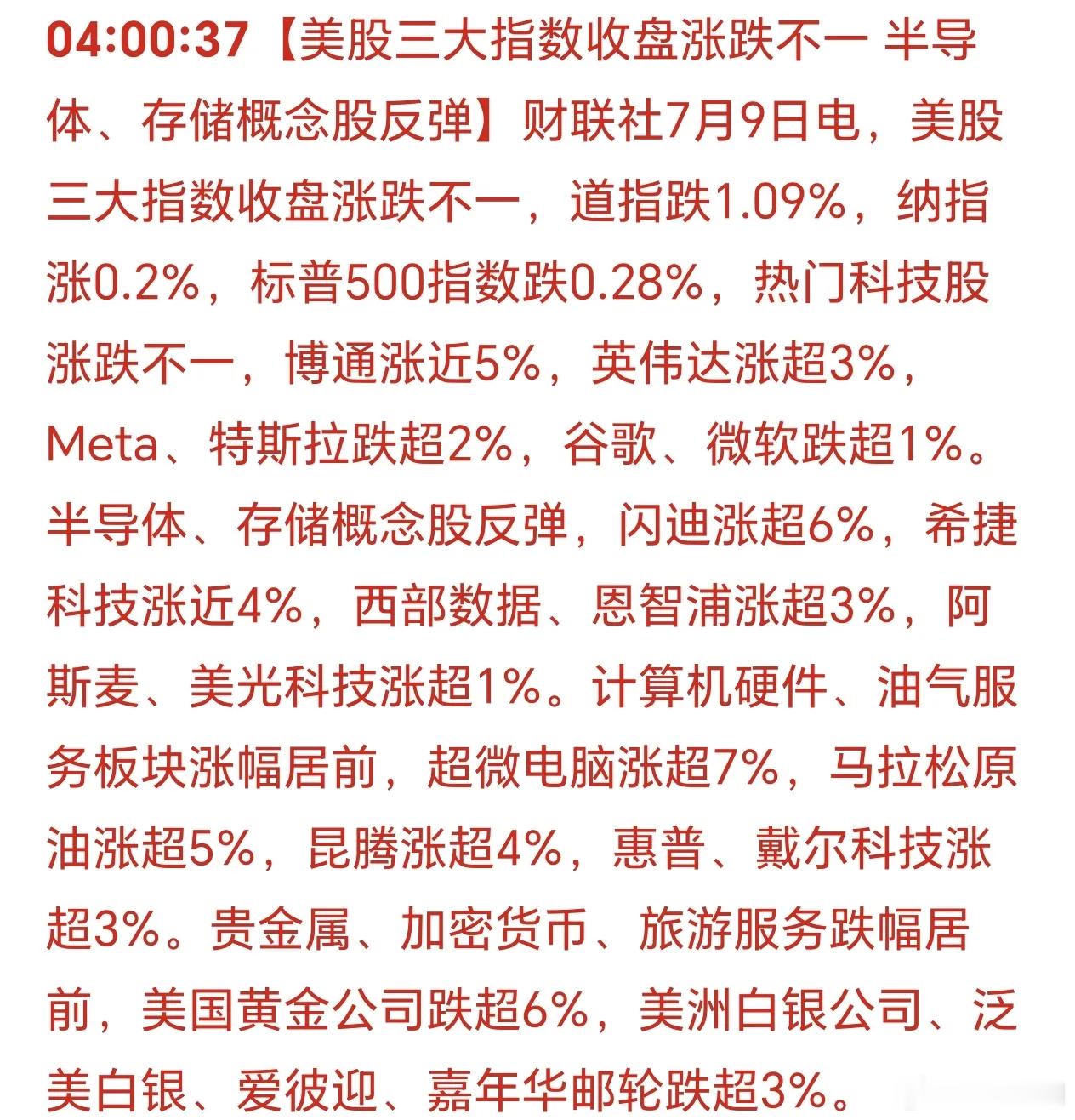 早晨7点，刚刚被手机消息震醒：美国三大股指涨跌不一！科技股反弹了，昨天重挫的股民