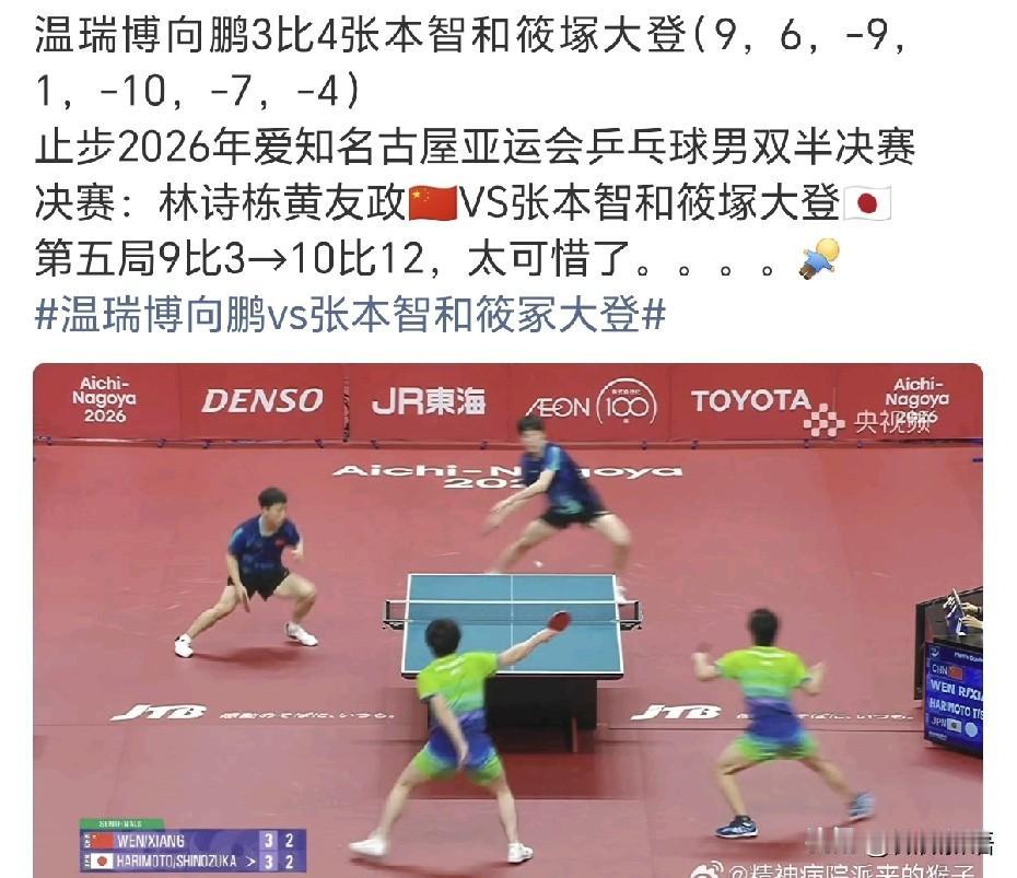 温瑞博/向鹏这场男双输得太可惜了。
男双半决赛本来温瑞博/向鹏大比分3-1领先，