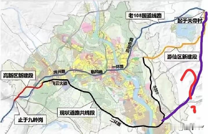 G108国道既然在游仙区要改道，为啥不一步到位，直接从关帝修到松桠与二环不更好吗