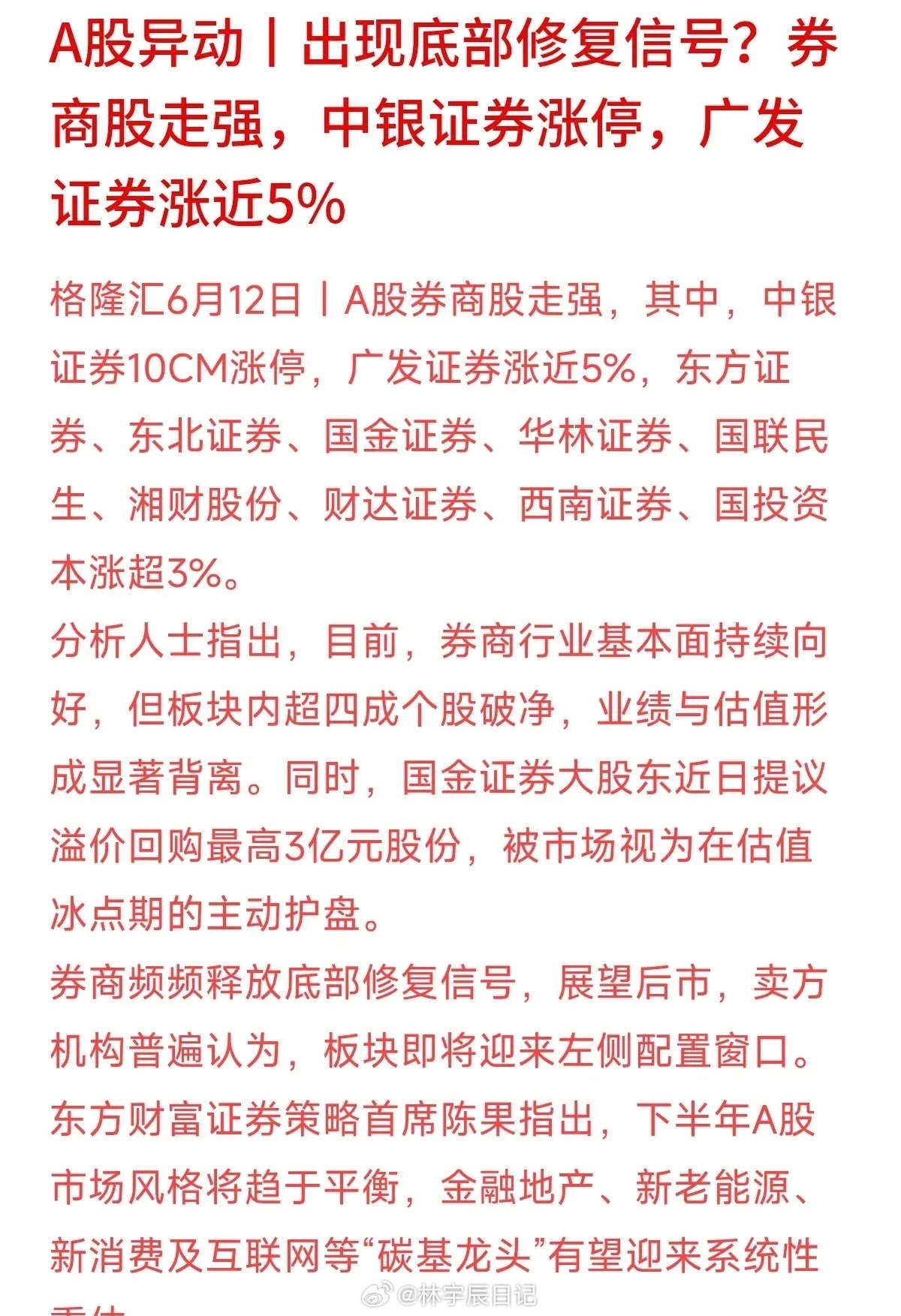 今天券商板块终于迎来了一次挺提气的集体走强。截至收盘，中银证券10CM涨停，广发