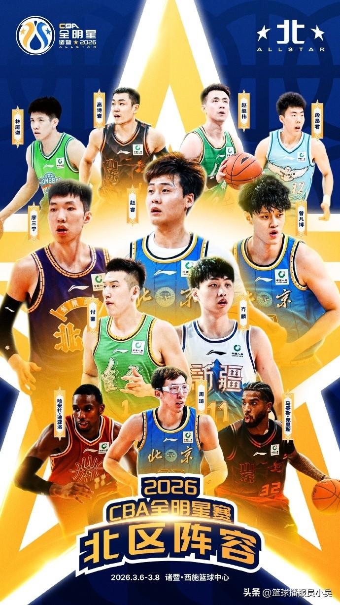 CBA全明星来袭！CCTV5直播北区明星队VS南区明星队！

北区首发是赵睿、曾