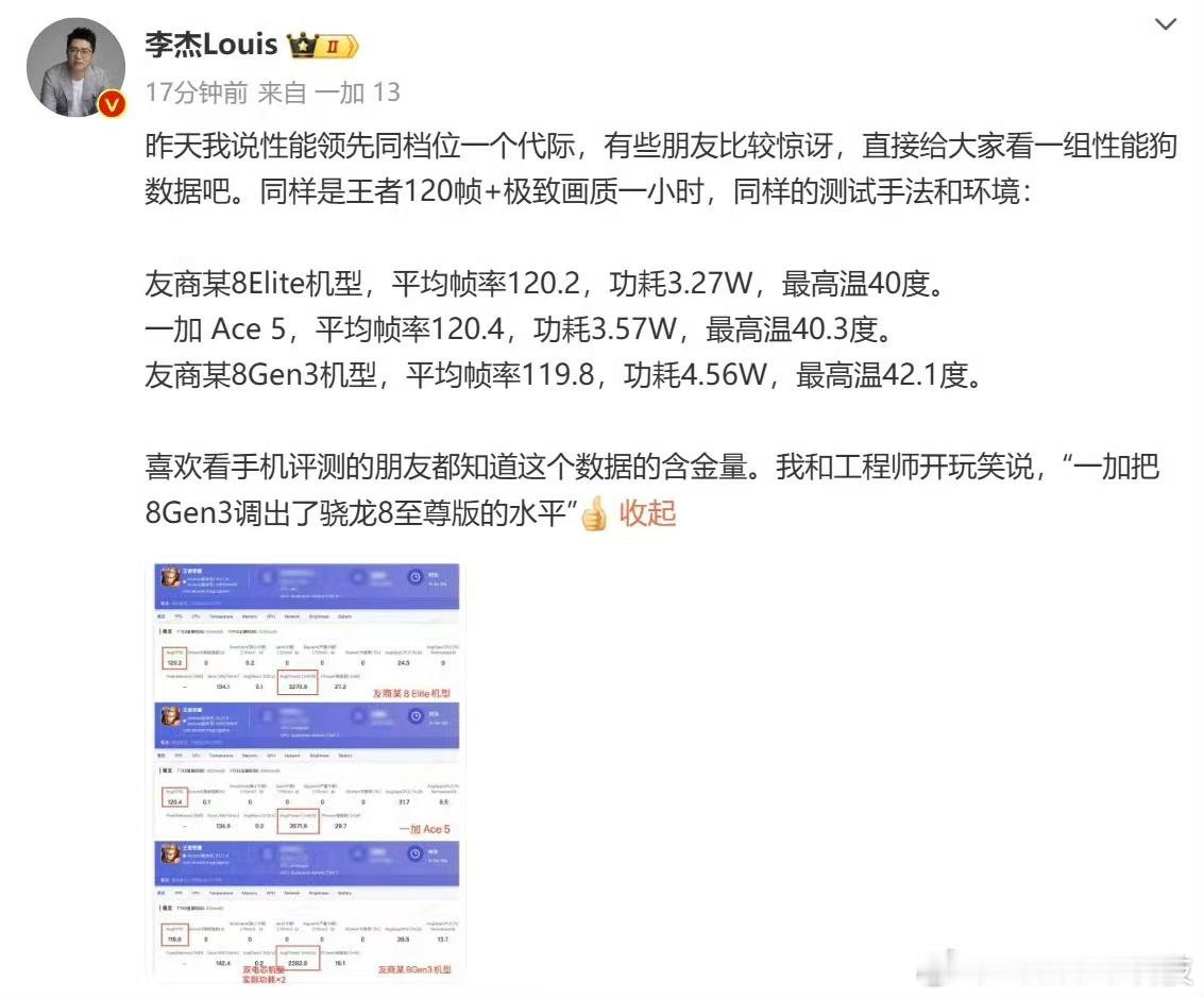 一加Ace5，平均帧率120.4，功耗3.57W，最高温40.3度。可能这几个数