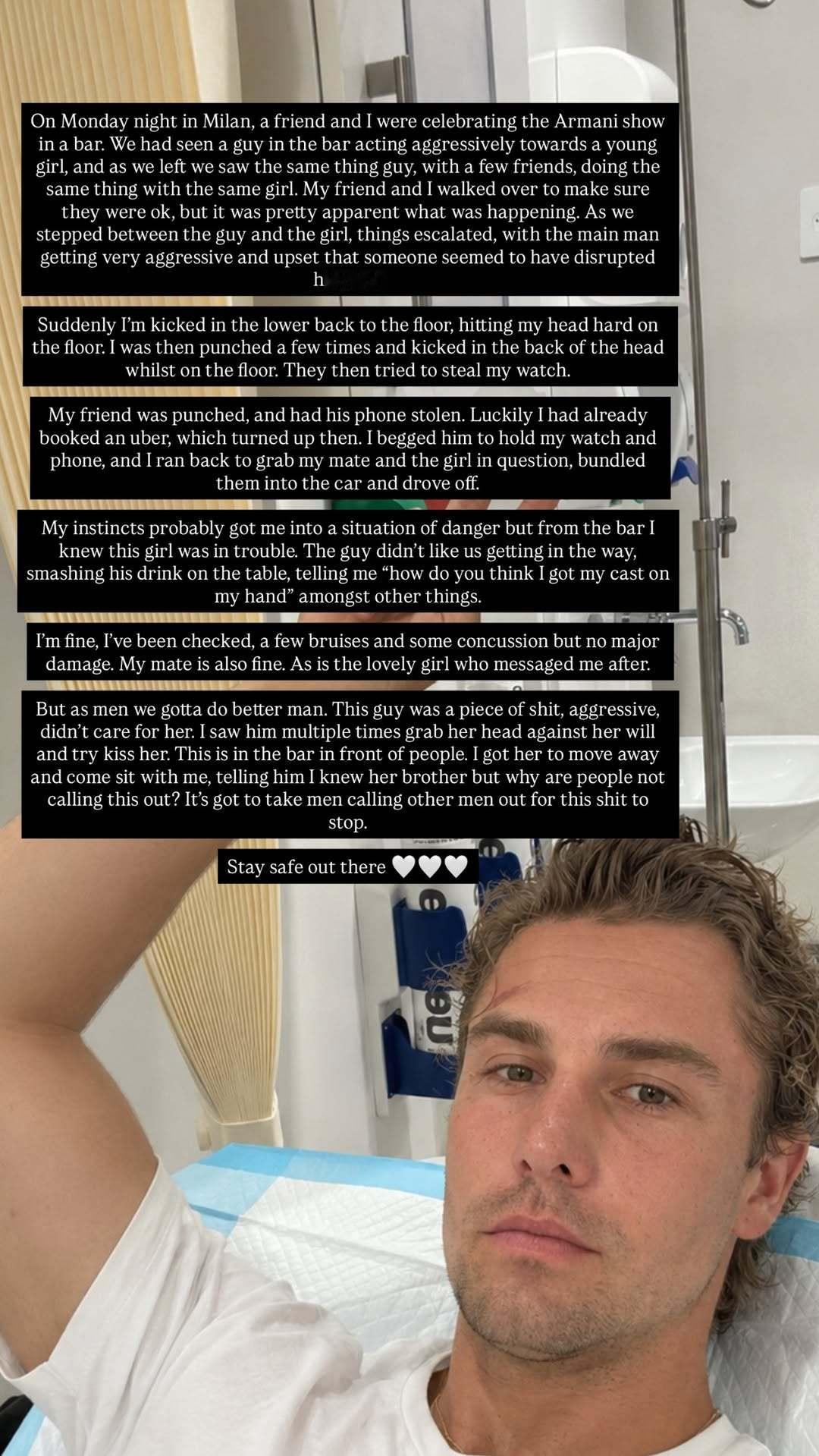 男模James Yates 在酒吧庆祝阿玛尼大秀，看到一个男人对年轻女孩动手动脚