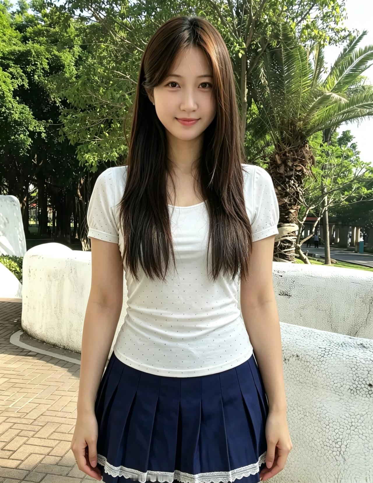 棕榈树的影子摇摇晃晃
你站在白墙前，白T上的小点像星子
深蓝百褶裙，藏着少年的清