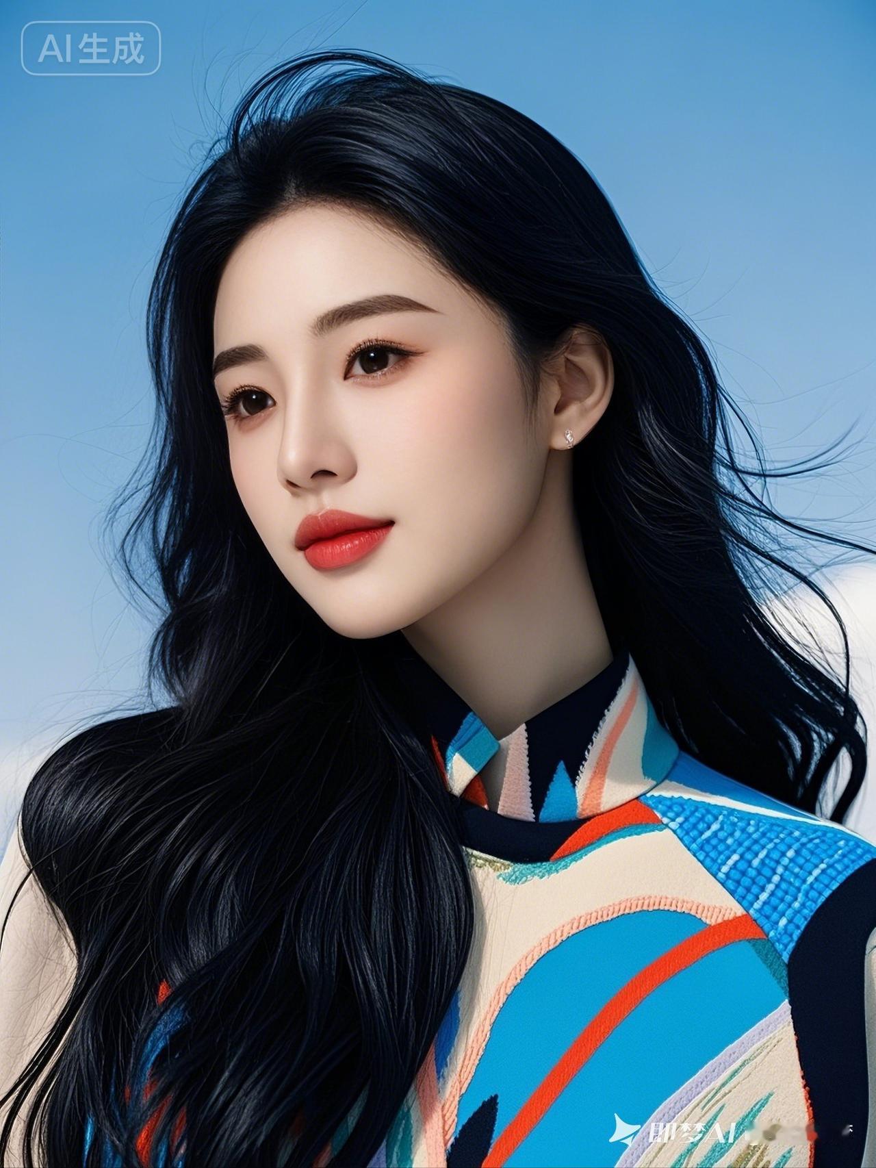 中长发垂落肩头，绝色佳人着撞色华服尽显格调，脸庞轻扬凝望长空，高清蓝光衬得她高贵