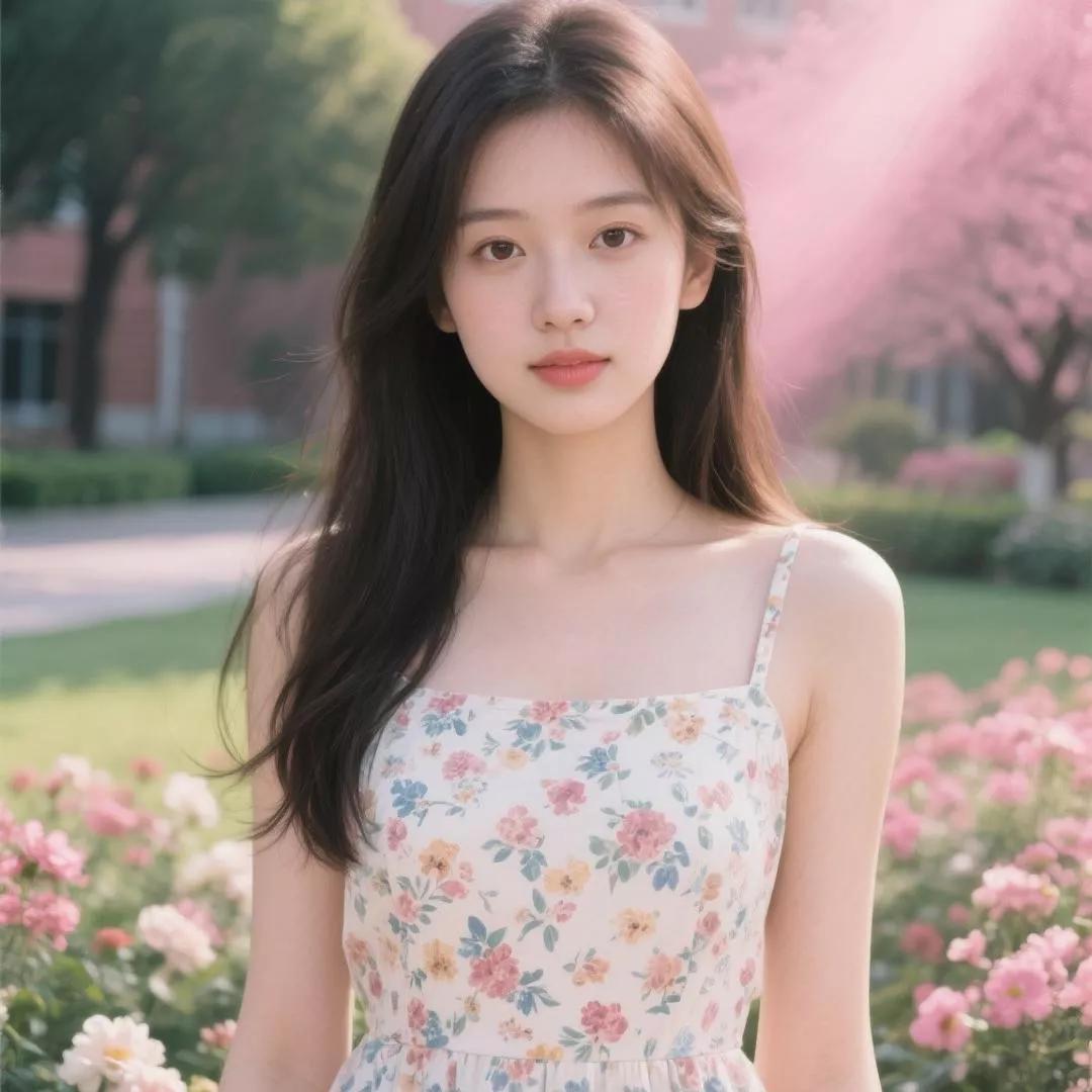 阳光下的花海女孩，温柔动人。海边花海少女 花海少女照 花海少女 蓝色花海少女 暖