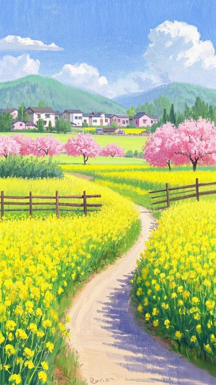 春日乡村小路，花海与粉树相映成趣，美不胜收！