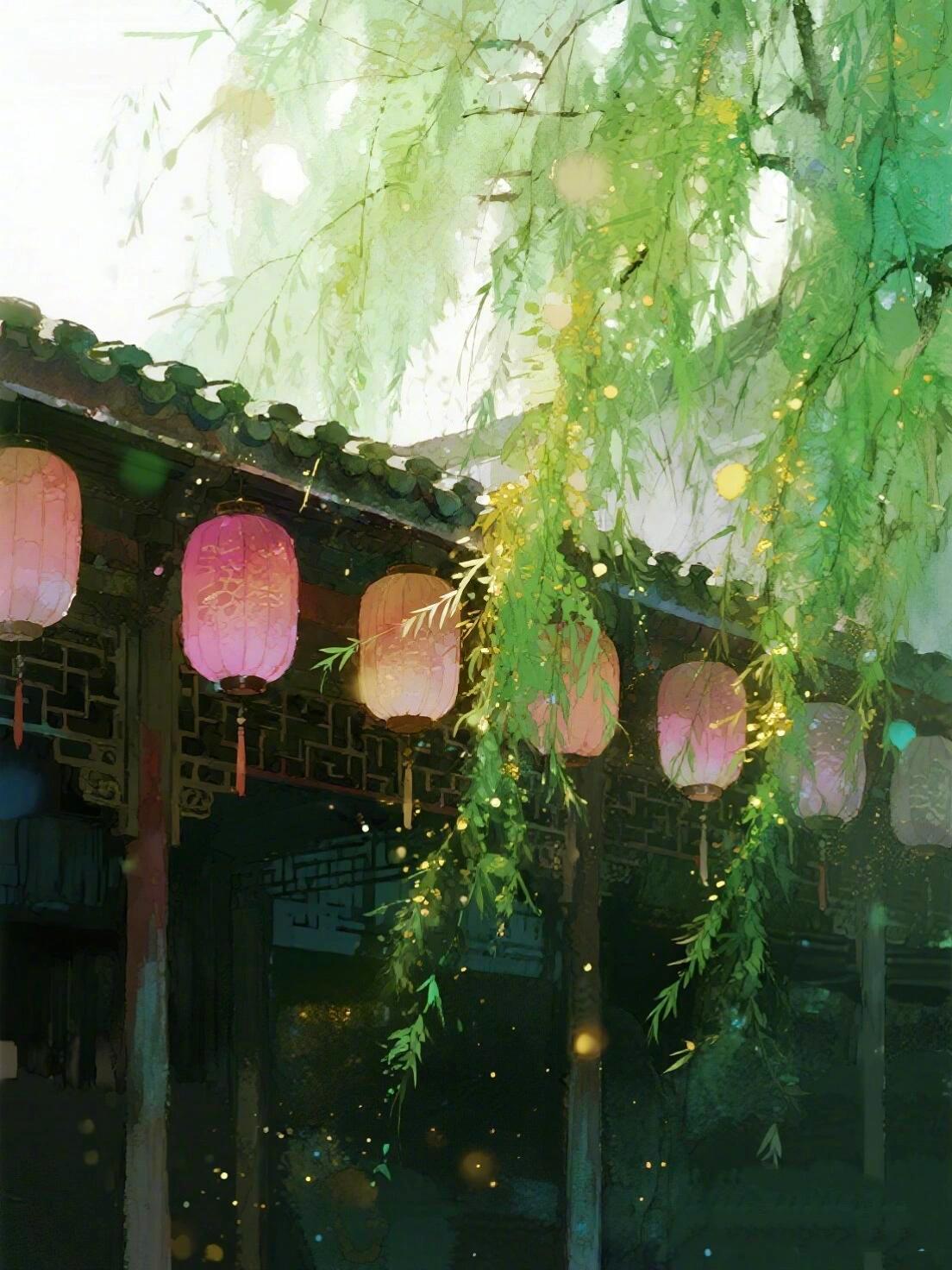 垂柳垂丝漫过廊檐，串串灯笼轻悬亭下。 