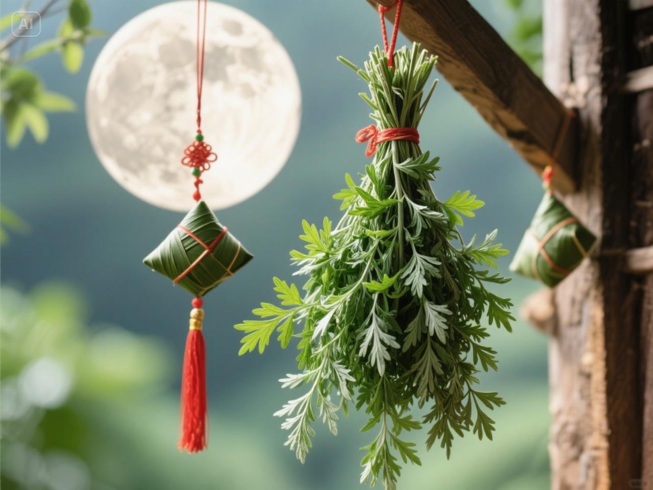 七言排律 · 民俗

角黍堆盘到汨阳，蒲觞共举话农桑。
彩丝缠臂儿孙绕，艾虎悬门