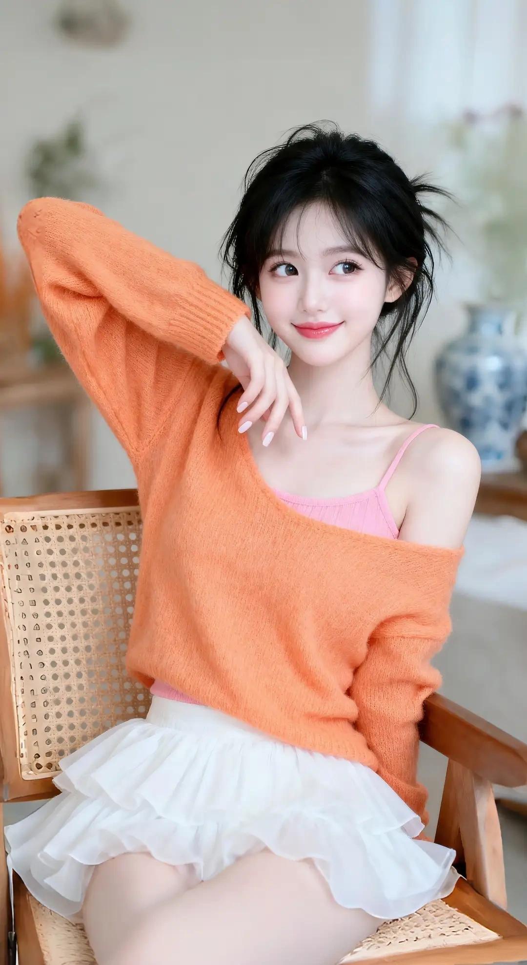 她留着乌黑亮丽的长发，额前是轻盈的刘海，发丝自然垂落，部分头发在脑后随意束起，发