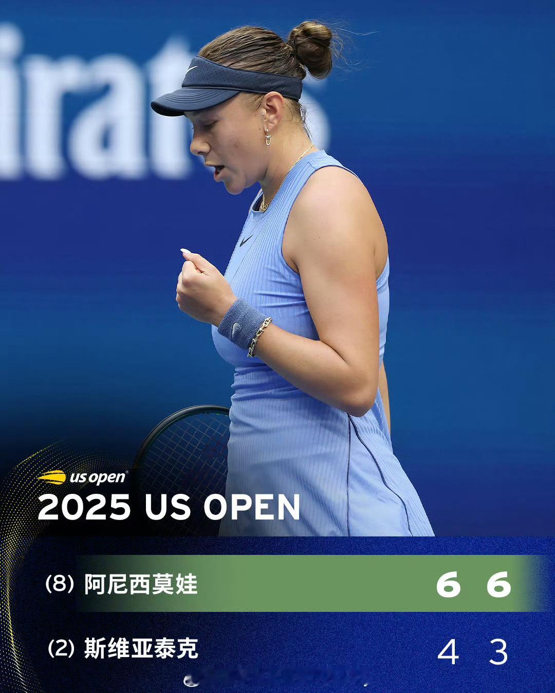 特大劲爆消息💥阿尼西莫娃复仇斯瓦泰克美网2025 女单1/4决赛，8号种子阿尼
