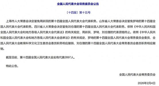 周新民、罗琦、刘仓理，被罢免全国人大代表，均来自国防科工领域
 
2 月 4 日
