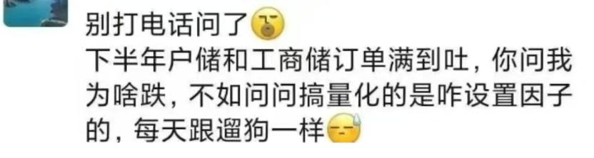 鹏辉能源高管怒喷量化：每天跟遛狗一样。7月13日，鹏辉能源投资者总监方李一凡在朋