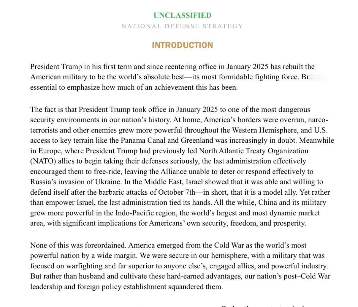 美国新的《2026 年国防战略》称赞以色列是“模范盟友”，并批评拜登政府“束缚”