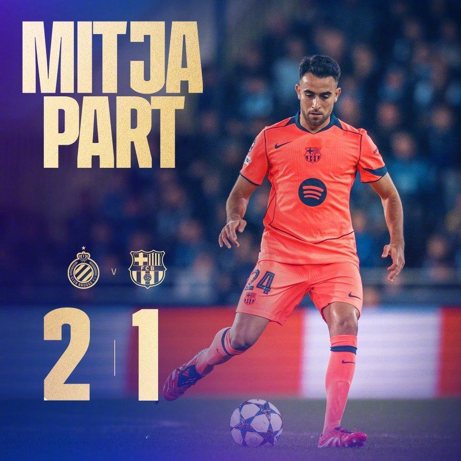 布鲁日vs巴萨 上半场比赛结束，巴萨暂时客场1:2落后。主队本场比赛善于利用反击