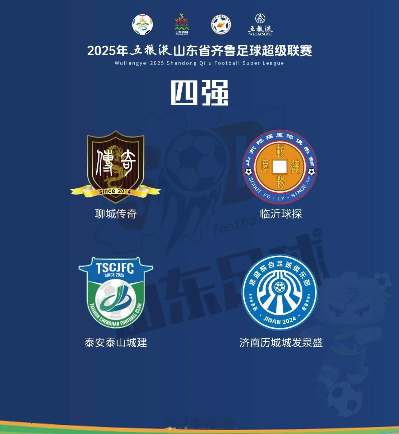 齐鲁超赛四强，四支队伍将在10月25日/26日和11月1日/2日进行半决赛两回合