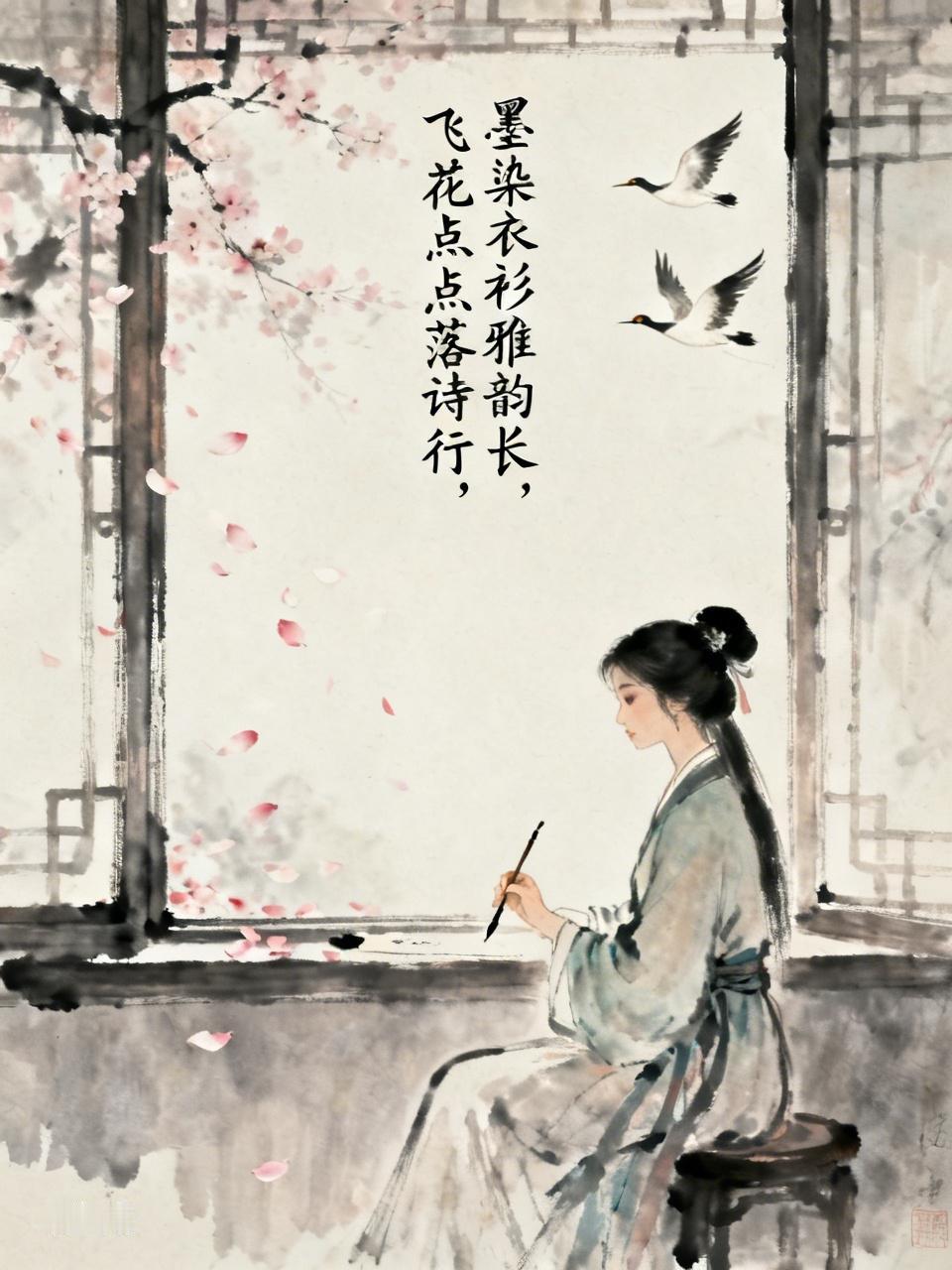 墨染衣衫雅韵长，
飞花点点落诗行。
凭窗漫写心头事，
托雁寄书远方郎。
