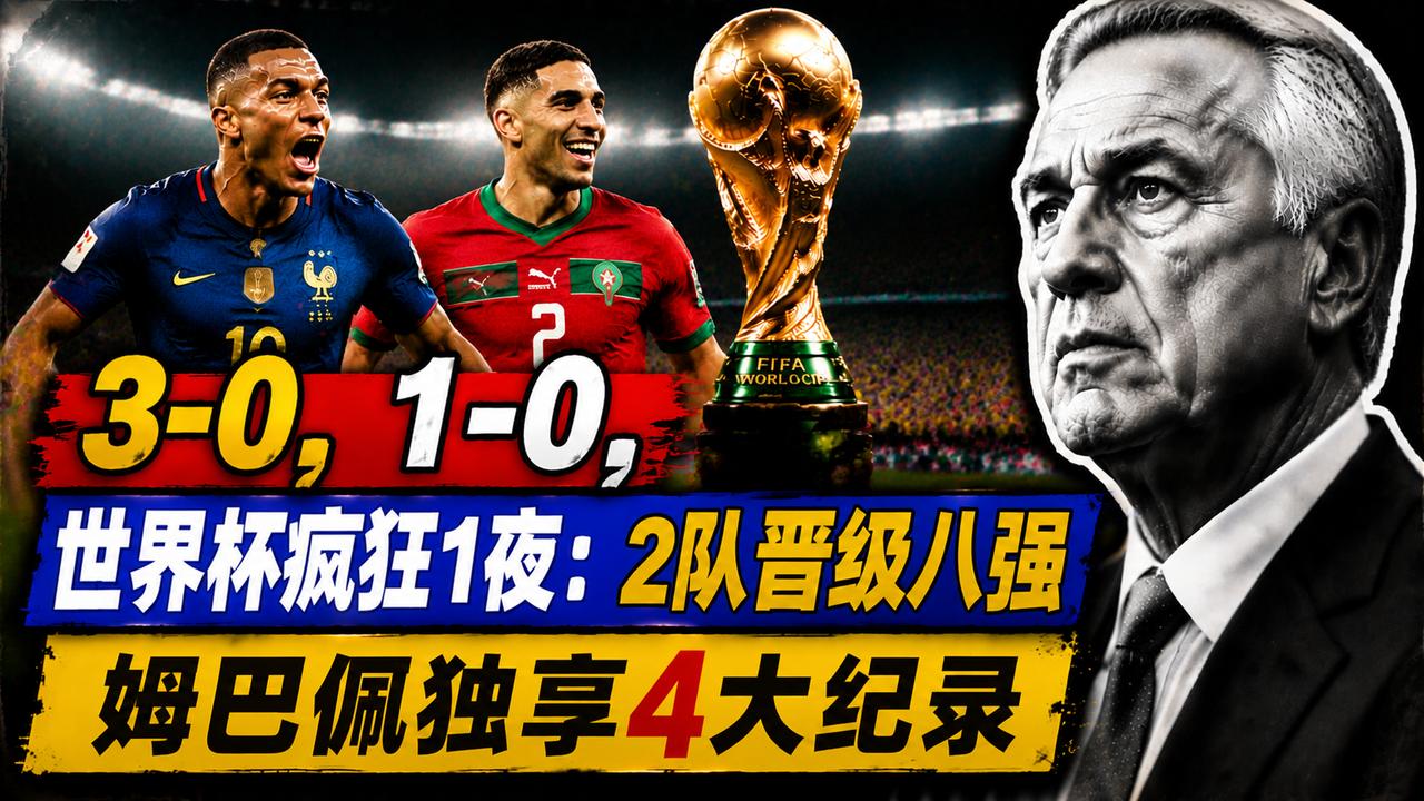 3-0，1-0，世界杯疯狂1夜：2队晋级八强 姆巴佩独享4大纪录
一夜两场对决，