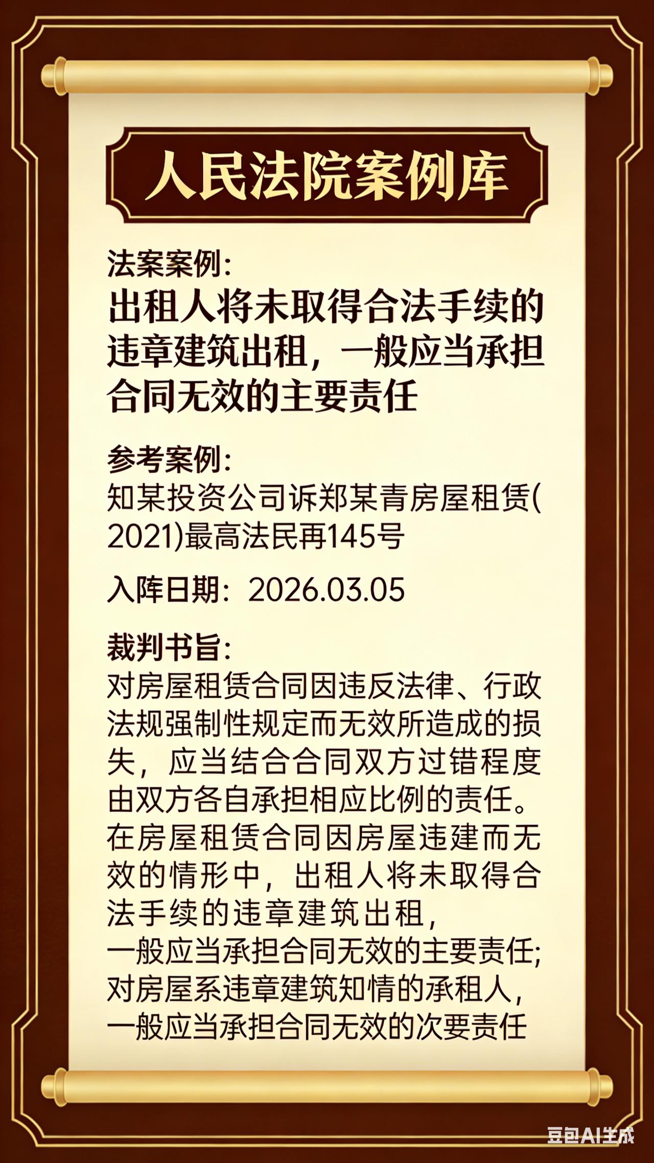 人民法院案例库:出租人将未取得合法手续的违章建筑出租，一般应当承担合同无效的主要
