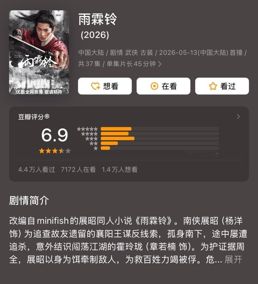 杨洋、章若楠主演的电视剧《雨霖铃》豆瓣开分6.9，遭到大量一星、二星打分。你看了