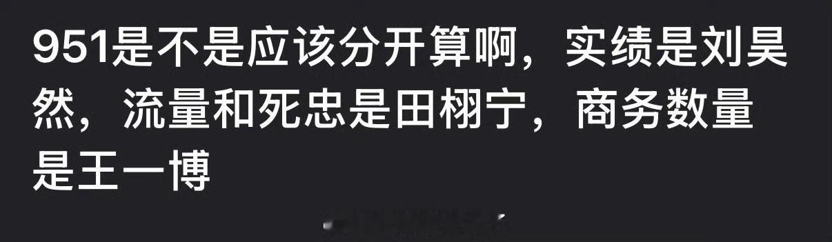 有网友说内娱951应该分开算，实绩是刘昊然，流量和死忠是田栩宁，商务数量是王一博
