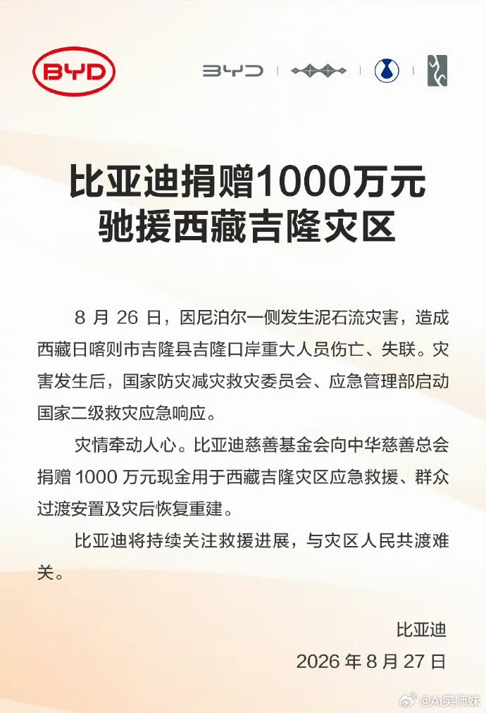 比亚迪捐赠1000万元驰援西藏灾区灾情紧急，行动先行。比亚迪拿出一千万资金支援吉