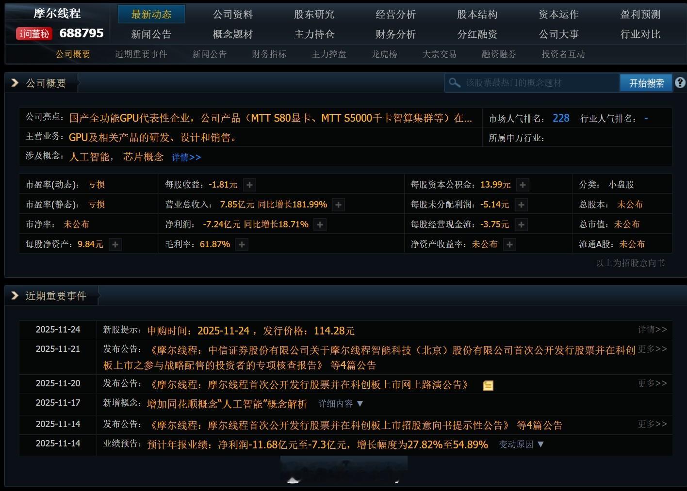 【11月24日新股申购】    根据披露的科创板上市招股意向书，摩尔线程将于11