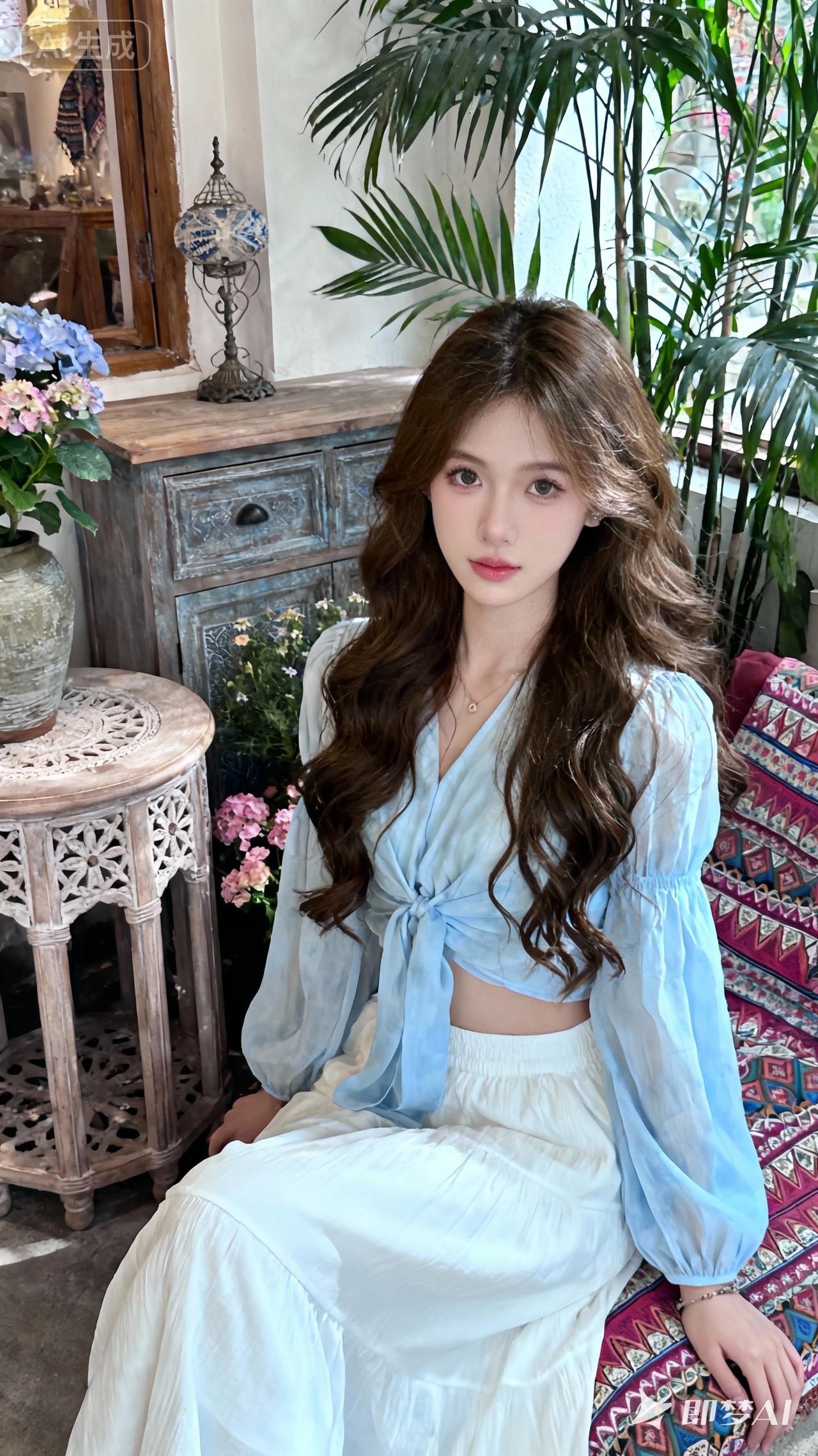 花间美人坐，风姿似画中。