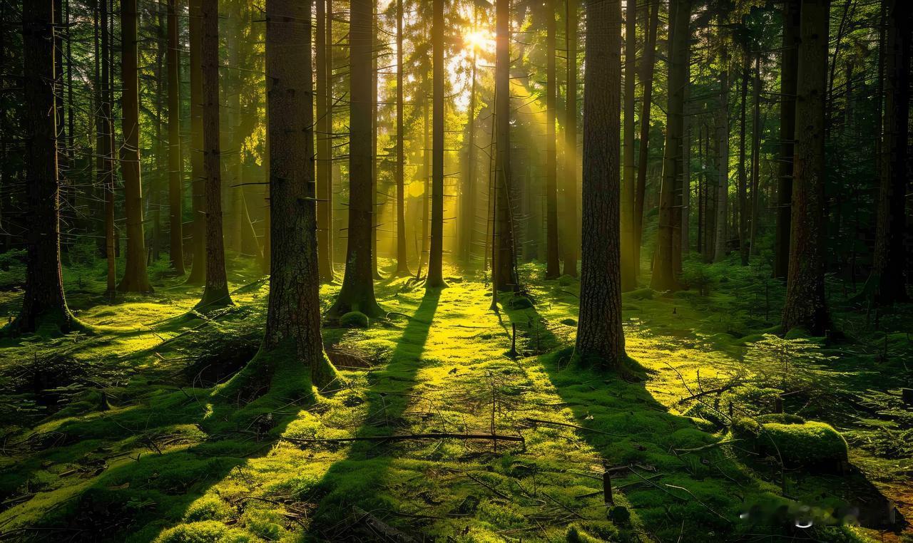 苍松拔地而起，枝干如墨笔，直刺云间。
晨光穿林而来，碎成千万道金芒，落在覆满青苔